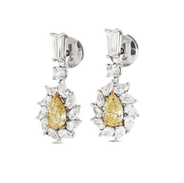 Fancy Yellow and White Diamond Earrings, 1.43 Ct. (3.30 Ct. TW), Pear Shape, JCEF01106411