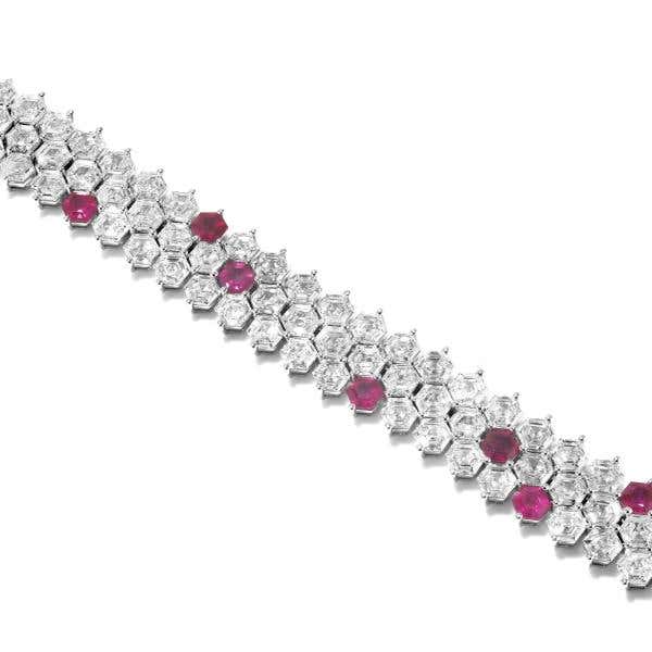 Natural Red Ruby and Diamond Bracelet, 34.74 Carat, hexagon shape