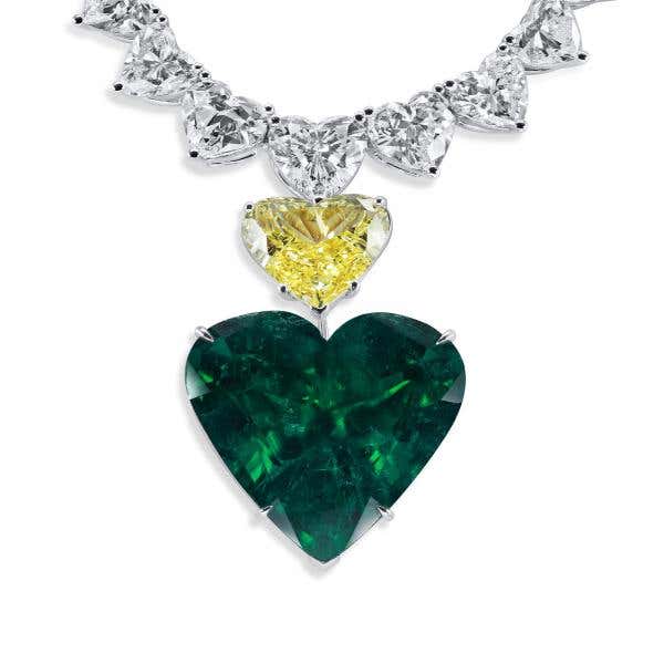 Vivid Green Emerald And Diamond Necklace, 1.08 Carat, Heart Shape, JCNG01101778