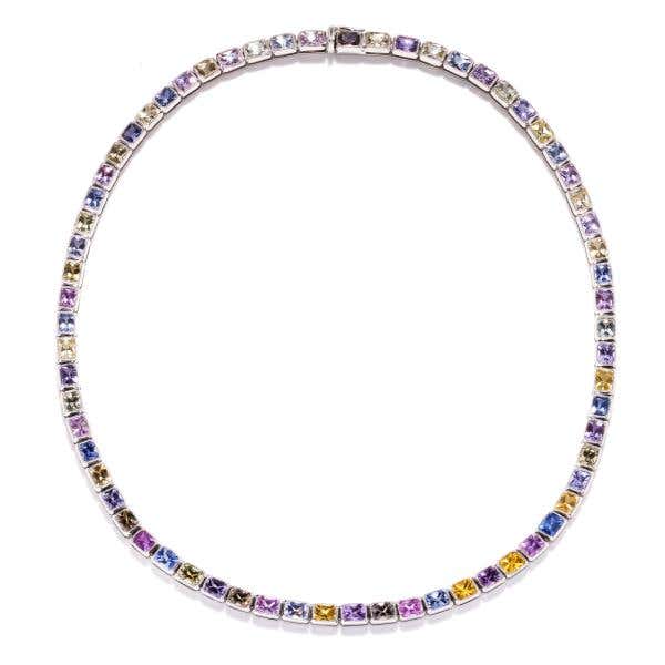 Mixed Colors Sapphire Necklace, 31.45 Carat, Cushion Shape