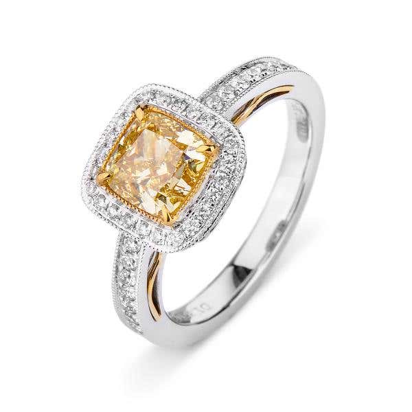 Fancy Intense Yellow Diamond Ring, 1.36 Ct. (1.78 Ct. TW), Cushion shape, GIA Certified, 6221180636