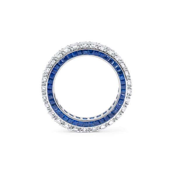 White Diamond & Blue Saphire Eternity Band Ring, 3.95 Ct. (6.54 Ct. TW), Emerald Shape