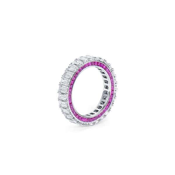White Diamond & Ruby Eternity Band Ring, 3.78 Ct. (6.46 Ct. TW), Emerald Shape