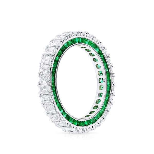 White Diamond and Emerald Eternity Band Ring, 3.12 Ct. (5.66 Ct. TW), Baguette shape